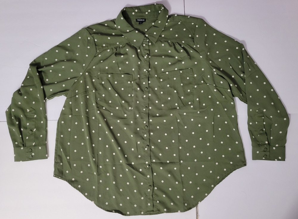 Torrid Womens 2 18/20 Olive Green Polka Dot Long Sleeve Button Blouse